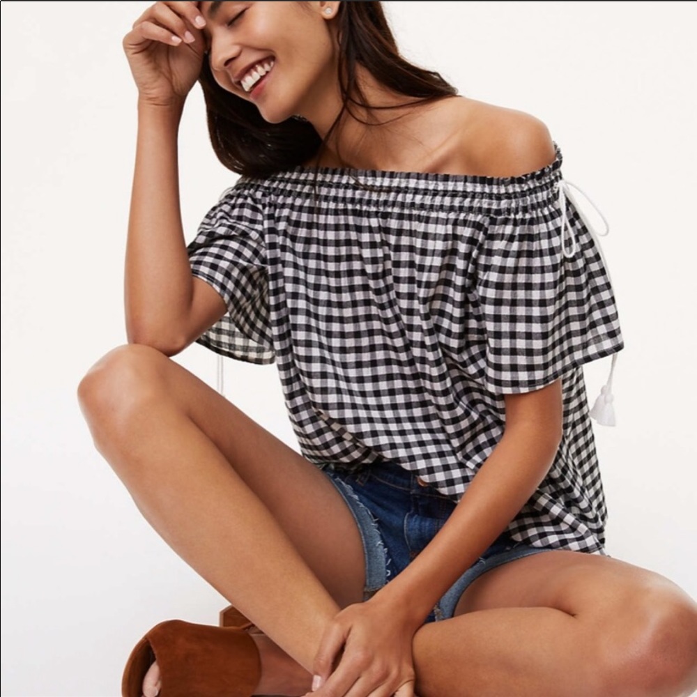 LOFT + Blouse Gingham  Cold Shoulder Gauzy Top